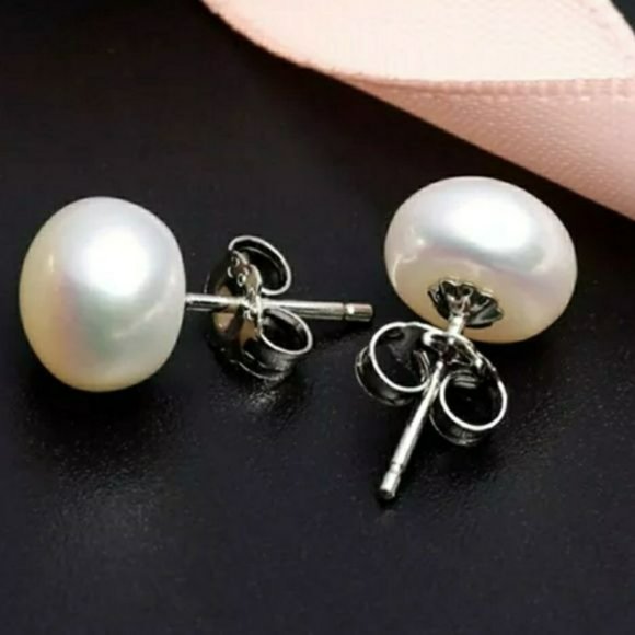 925‎ Sterling Silver 11mm Button White Cultured Freshwater Pearl Stud Earrings - Picture 5 of 12